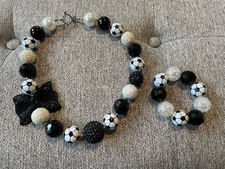 Black and White Little Girls Soccer Beaded Necklace/Bracelet Set