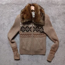 Banana Republic Sweater Womens Small Brown Full Zip Removable Fur Mock Neck NICE