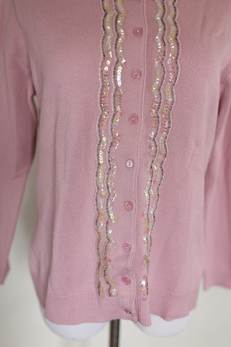 Vintage Y2K Pink Sequin Beaded Button Down Cardigan Coquette Preppy Pin Up M - Picture 8 of 13