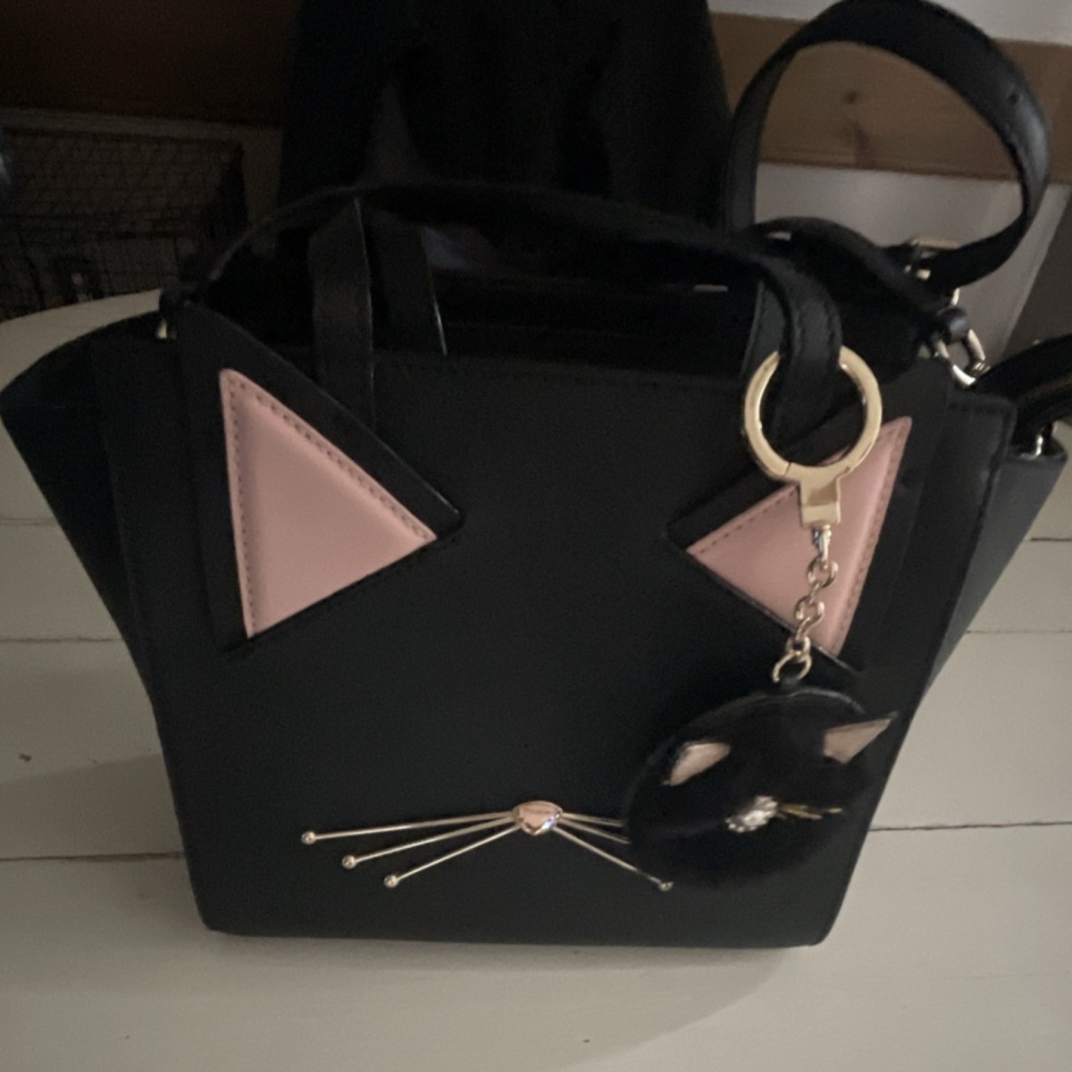 kate spade 猫耳デザイン ハンドバッグ Kate spade Black Cat Face Handbag with Pink Ears, Cute Cat