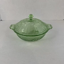 Jeanette Vintage Green Floral Uranium Depression Glass Vegetable Bowl & Lid