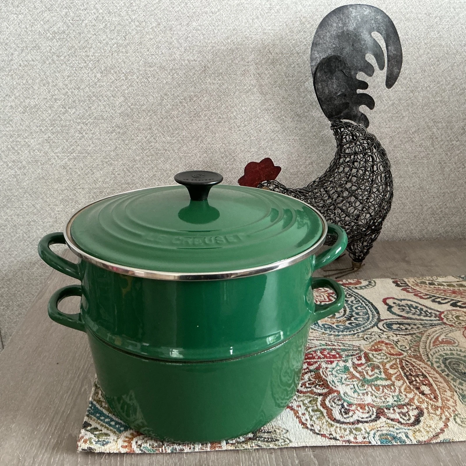 Vintage Le Creuset Cast Iron Dutch Oven with Steamer Insert & Lid 22 Green EUC