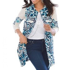 Chico's Linen Jacket Artisan Printed Painterly Print Cream Blue 1 US 8 Medium M