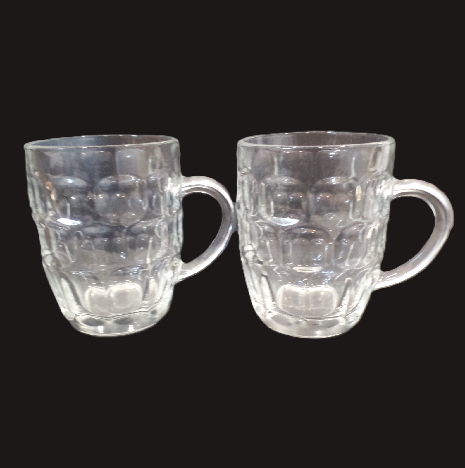 Two ARCOROC FRANCE Vintage Clear Glass Thumbprint Barrel Mug Stein