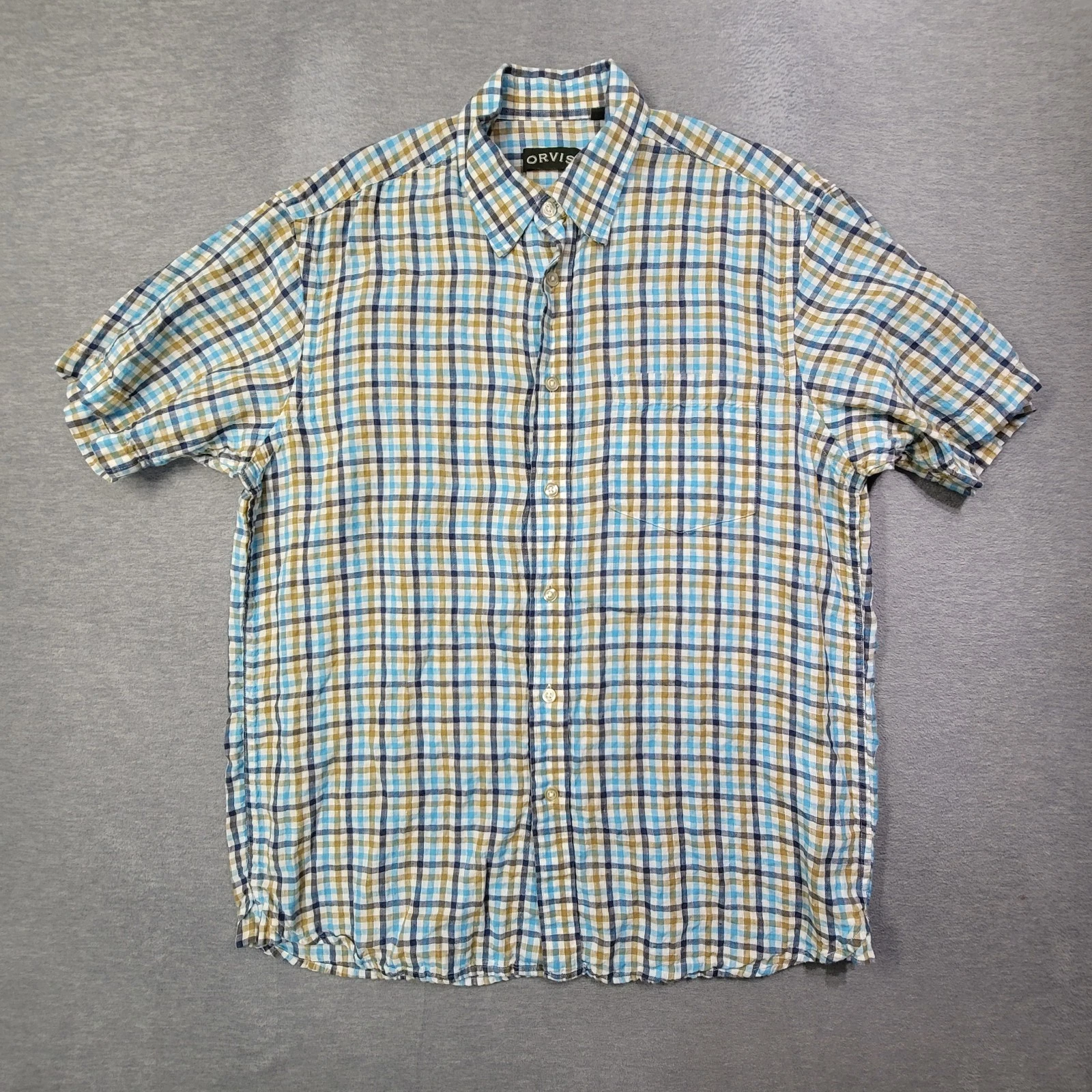 Orvis Shirt Mens Large Multicolor Check 100% Linen Button Up Chest Pocket Casual