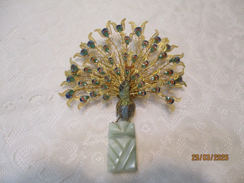 CLOISSON & ENAMEL PEACOCK  STANDING ON LIGHT GREEN JADE