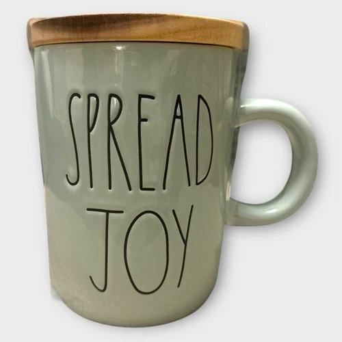 Rae Dunn By Magenta Double Side SPREAD JOY /FLORAL Ceramic Coffee Mug Green NEW