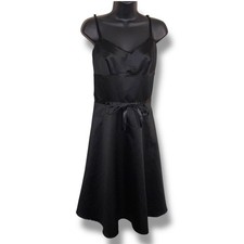 Small Black Satin Dress Sleeveless Pinup Rockabilly Goth Vneck Lace Trim