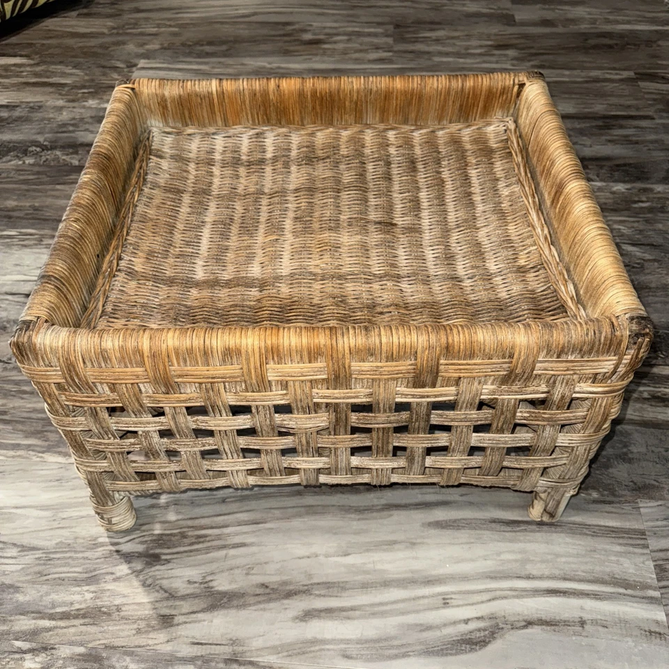 Vintage Rattan Wicker Coffee Plant Table Boho Tiki 22X18X24 Weathered Wear Areas - Image 4 of 4