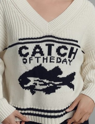vintage コットンニットカーディガン 魚 fish 古着 ジャンティーク Anthropologie Maeve Nautical Linen-Blend Catch Of The Day Fish