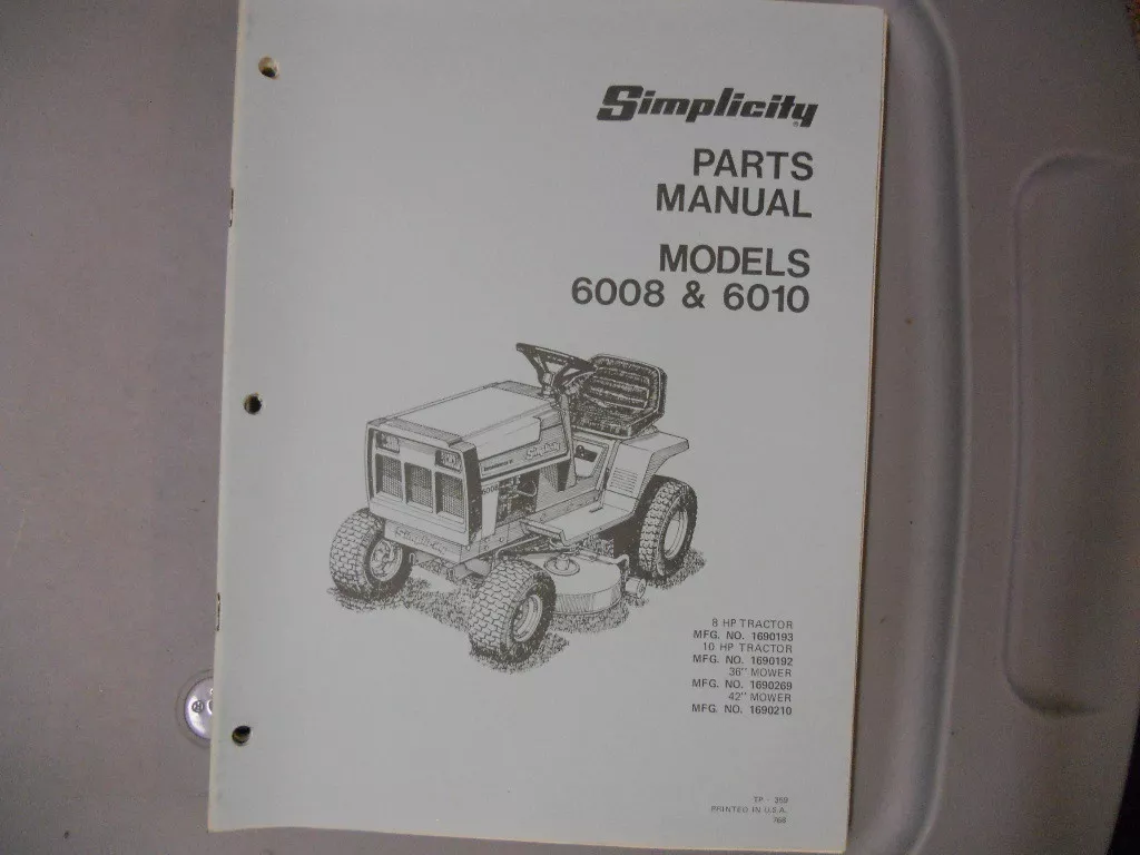 Simplicity Parts Manual 6008 6010 Models Lawn Tractors eBay