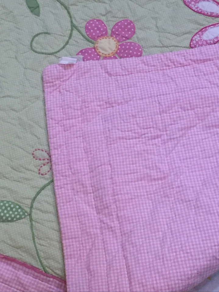 Pottery Barn Kids 84x95" Quilted Comforter Flowers Pink Gingham White Dots - Image 4 of 4
