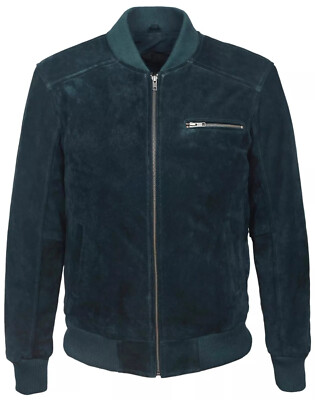 Classic Men Navy Blue Suede Bomber Jacket Retro Varsity Made To Measure Jacket