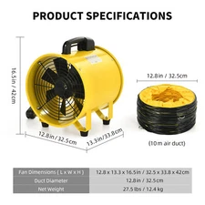 12" Extractor Blower W/ 520W Motor and 32ft Flexible Ventilation Duct Hose