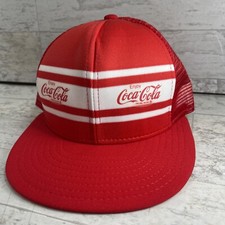 Vtg RED COCA-COLA 3 Three Stripe Mesh Snapback Trucker Cap Hat RARE Made In USA