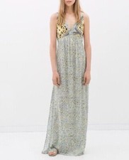 ZARA Long Maxi Aztec Printed Boho Dress With Side Slits Blue Yellow 2817/331 XS