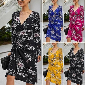 v neck floral wrap dress