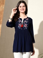 Indian Short Kurtis for Women; Navy Blue Floral Embroidered Rayon Tunic Kurti