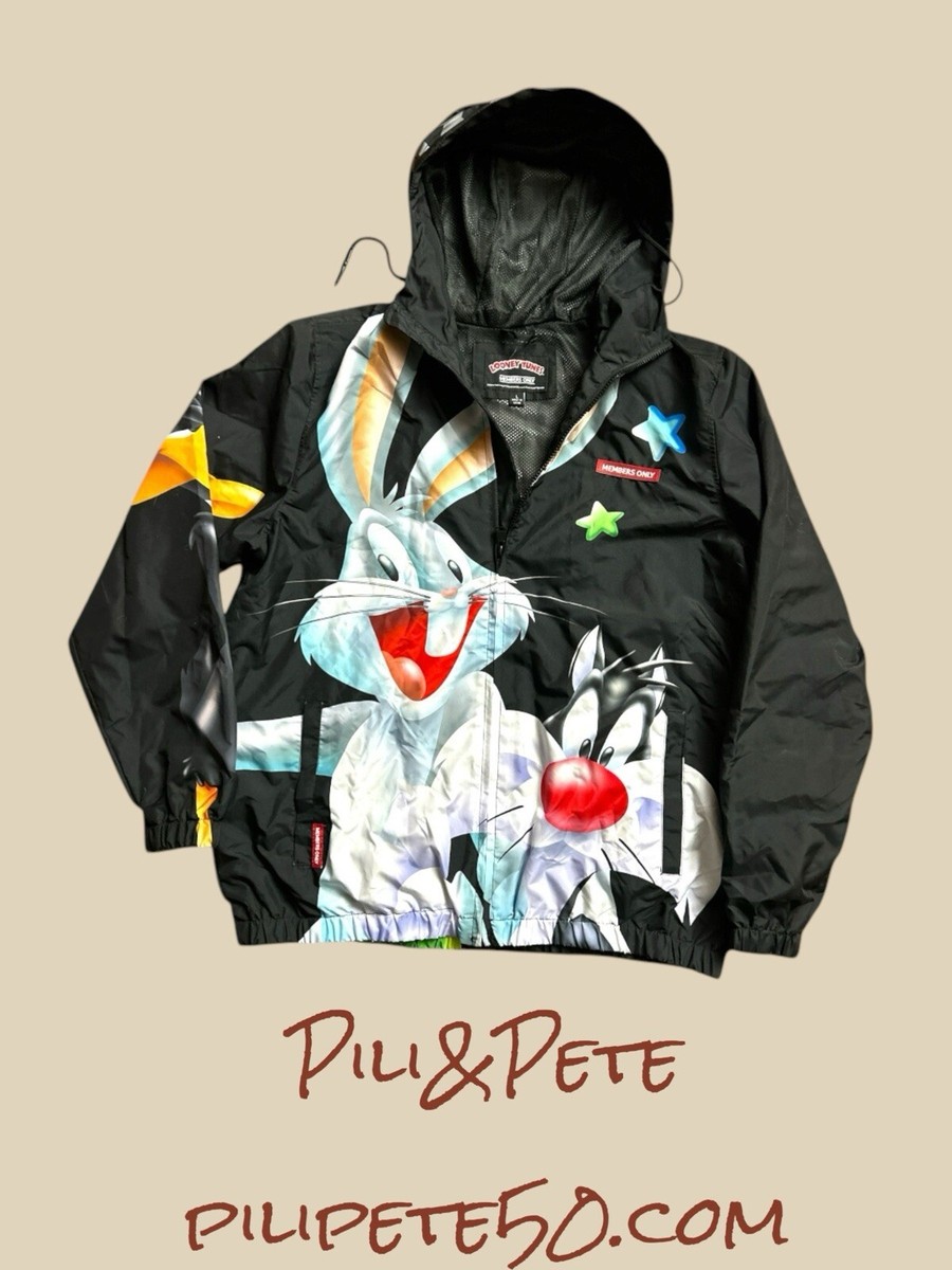 Members Only Looney Tunes Windbreaker w/ Hood Black MEDIUM NWT