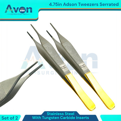 2pcs Adson Dressing Tissue Forceps, Serrated, with TC Inserts, 4.75'' - Premium