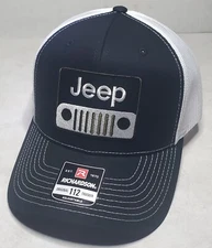 Jeep Embroidered Patch on Richardson 112 Trucker Hat Snapback Black/White 