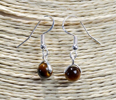 Boucles D'oreilles Puces En Oeil De Tigre Et Argent 925 - Occasion - Fermoir Clou