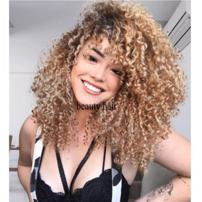 Afro Kinky Curly Wigs Long Hair Black Ombre Brown Color Heat Resistant USA STOCK