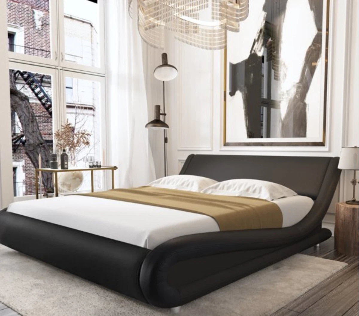 Amolife Queen Size Bed Frame with Curved Adjustable Headboard