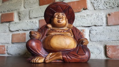 Happy Buddha Hut Statue Feng Shui Buddhismus Kunst Kultur geschnitzt Bali 