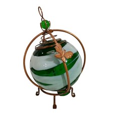 Hand Blown Green Swirl Art Glass Ball Sphere W/ Stand Decor 10"H X 5"W