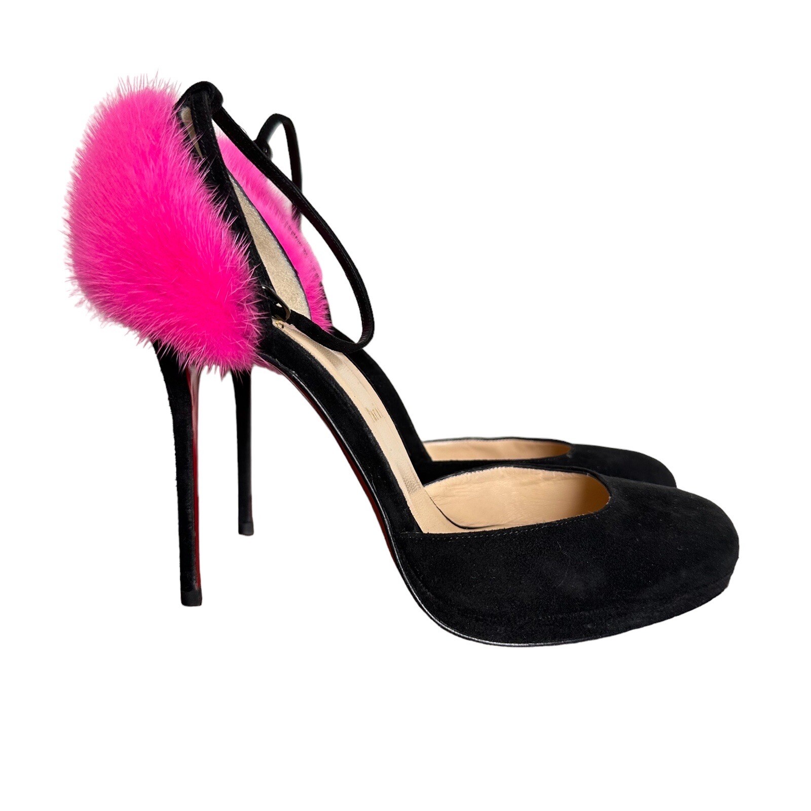 Christian Louboutin Women's Sz 37 US 7 Crazy Fur 120 Black Suede Pink Fur Heels eBay