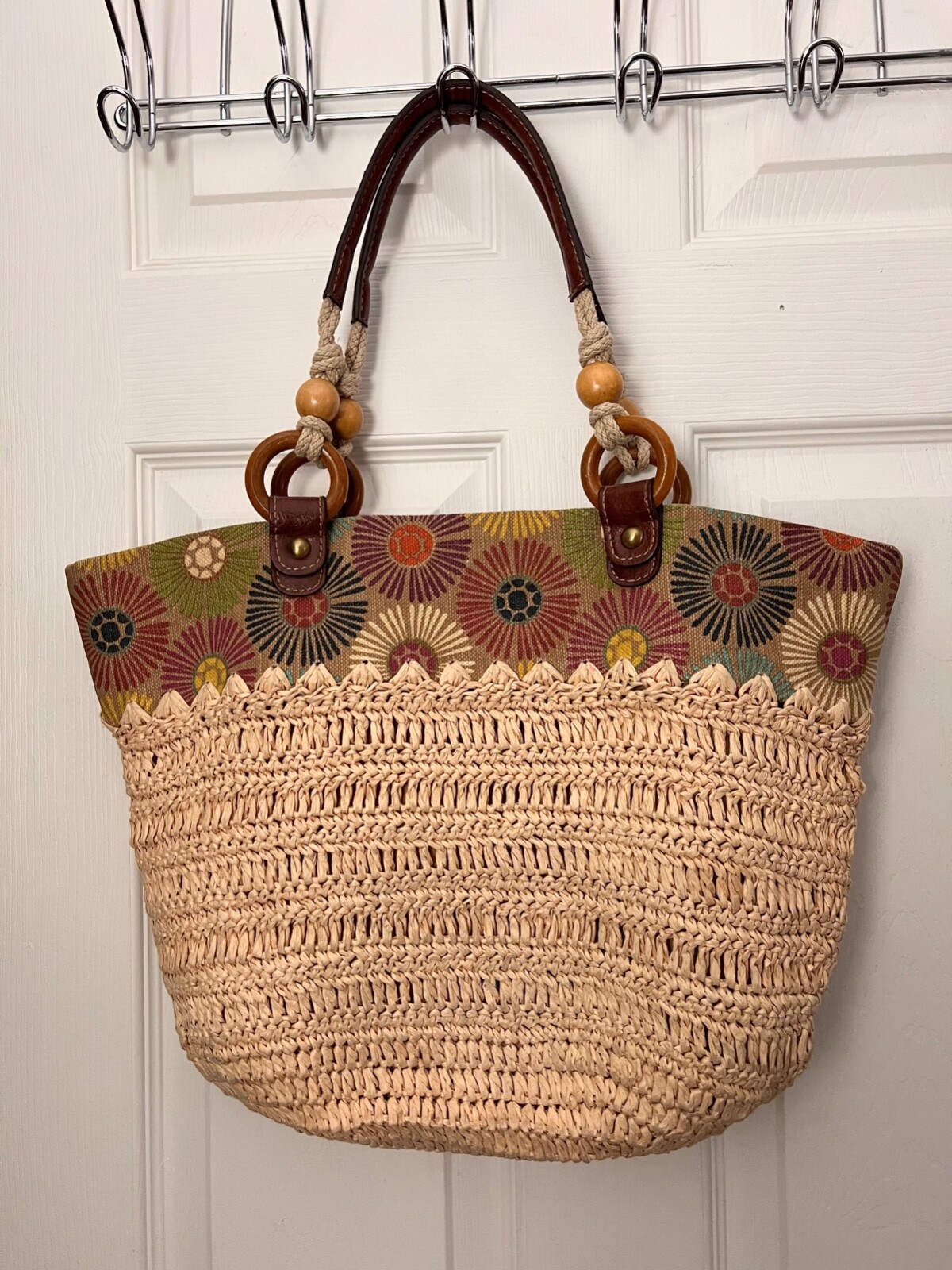 Fossil Straw Raffia Shoulder Tote Bag Large Dual Hand… Gem