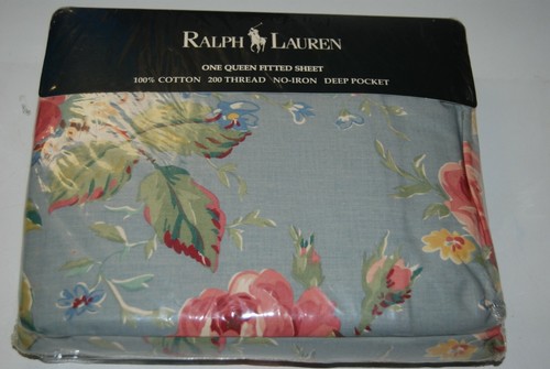 VINTAGE RALPH LAUREN GARDEN RAMBLER QUEEN FITTED FLAT SHEET SET ROSE BLUE FLOWER - Picture 3 of 8