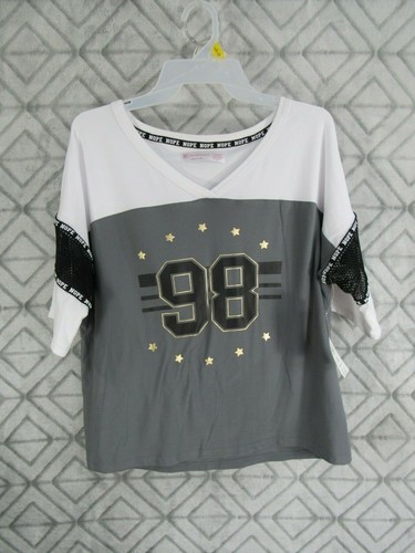New No Boundaries Top Size L 11 13 Juniors White and Gray #98 NOPE Short Sleeve