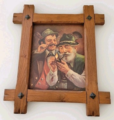 Vintage Wooden Framed Prints Bavarian Men Smoking Pipe Drinking Stein *SIGNED