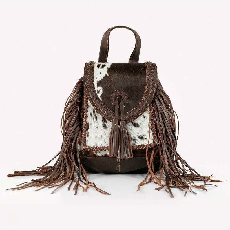 Western Cowhide Leather Fringe Backpack - Small Boho Tassel Shoulder Bag