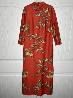 1970 s Vintage Leslie Pomer Red Floral Asian Mandarin Collar Style Dress Size L