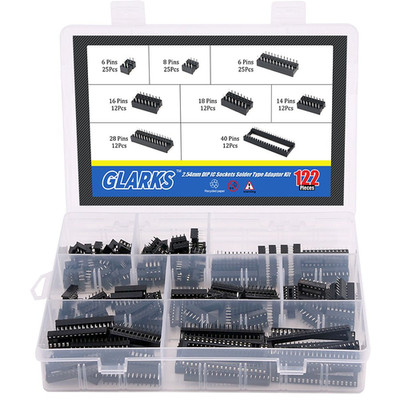 Glarks 122Pcs 2.54Mm Pitch 6 8 14 16 18 24 28 40 Pin DIP IC Sockets Solder Type