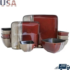 Downtown Loft 16 Piece Stoneware Dinner Set Service 4 Double Bowl Design New