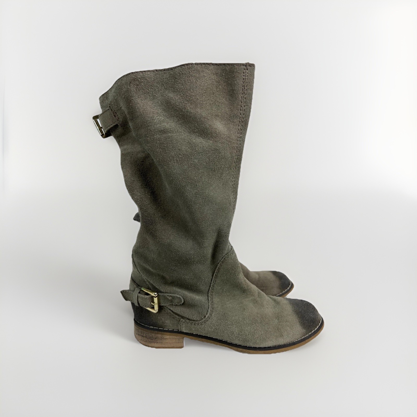 Kelsi Dagger Tassie Gray Leather Mid-Calf Round Toe Belted Riding Boots Size 8 image 2