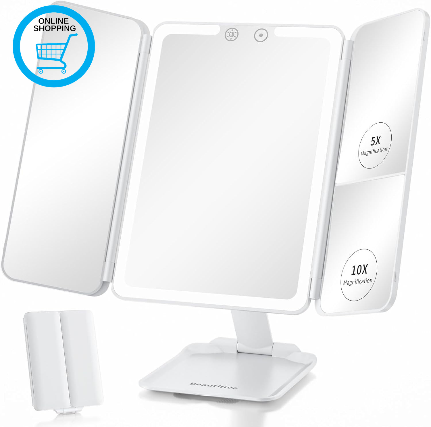 Travel Lighted Makeup Mirror with 48 LED Lights, 1X/5X/10X Magnifying Tri-Fold T