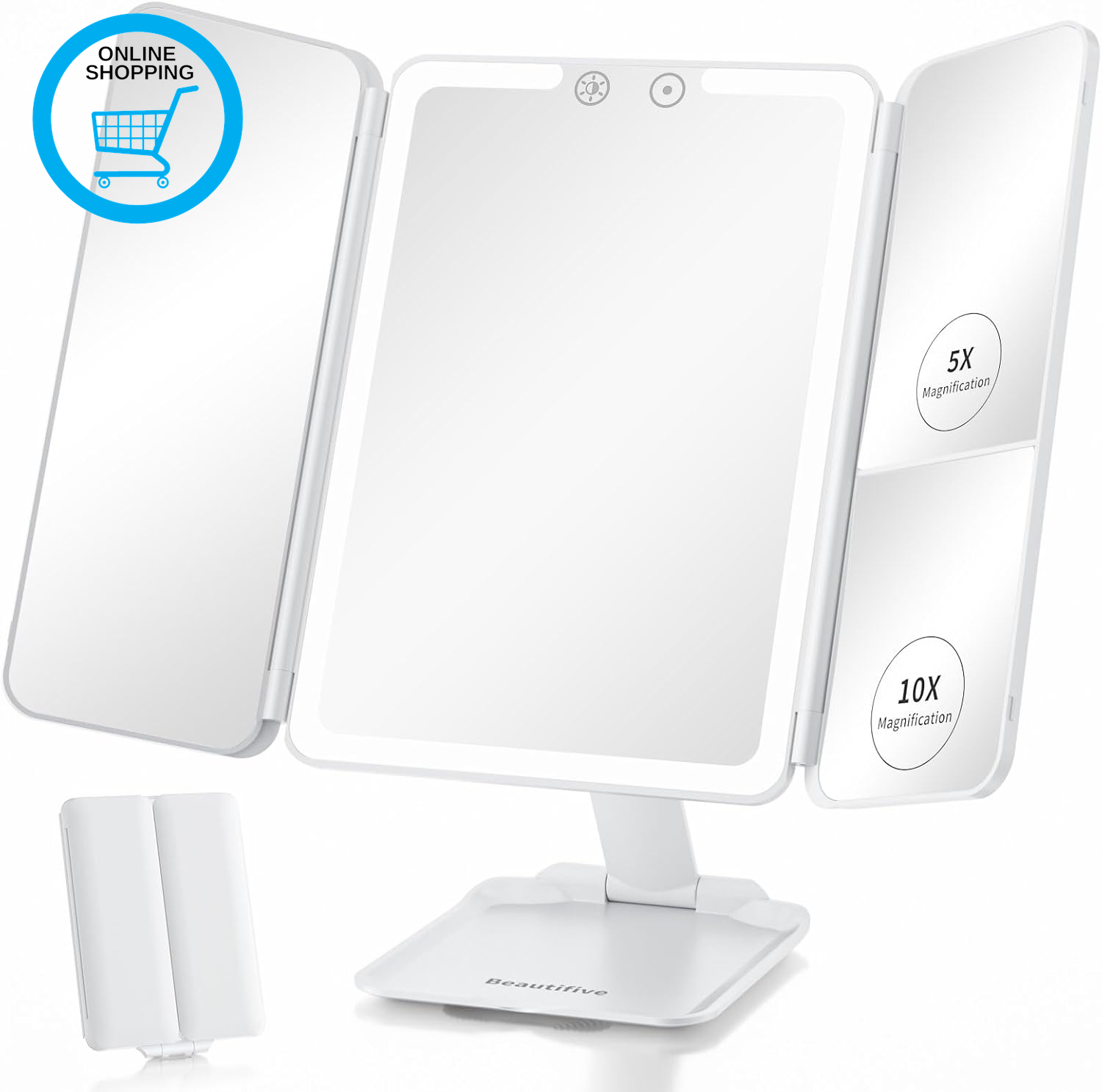 Travel Lighted Makeup Mirror with 48 LED Lights, 1X/5X/10X Magnifying Tri-Fold T