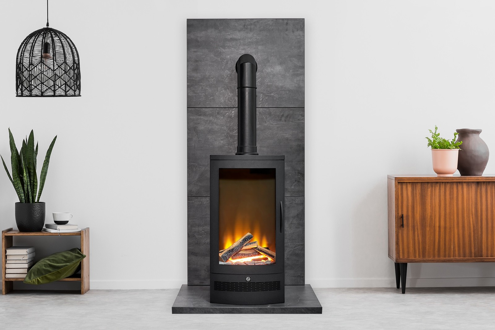 Acantha Tile & Hearth Set in Slate Effect with Horizon Stove & Tall Angled Pipe