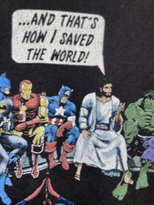 Hanes black tshirt. God shares saving world story to super heroes Large