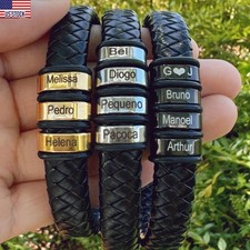 1-5 Names Custom Men Bracelets Genuine Leather Stainless Family Name