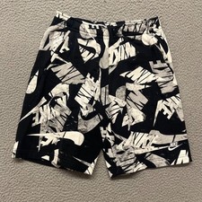 Nike Sweat Shorts Mens S Black Swoosh AOP Graphic Sportswear Pull On Comfort