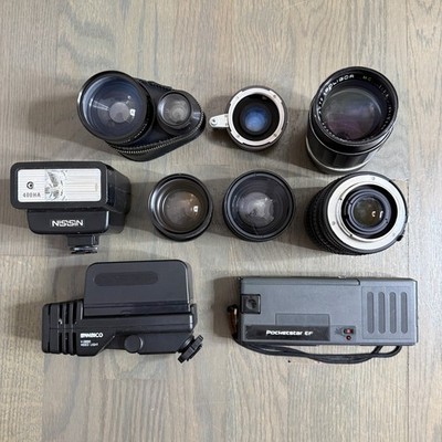 Vintage Camera Lens Flash Lot Soligor 135mm Lentar Zykkor Nissin Bell Howell