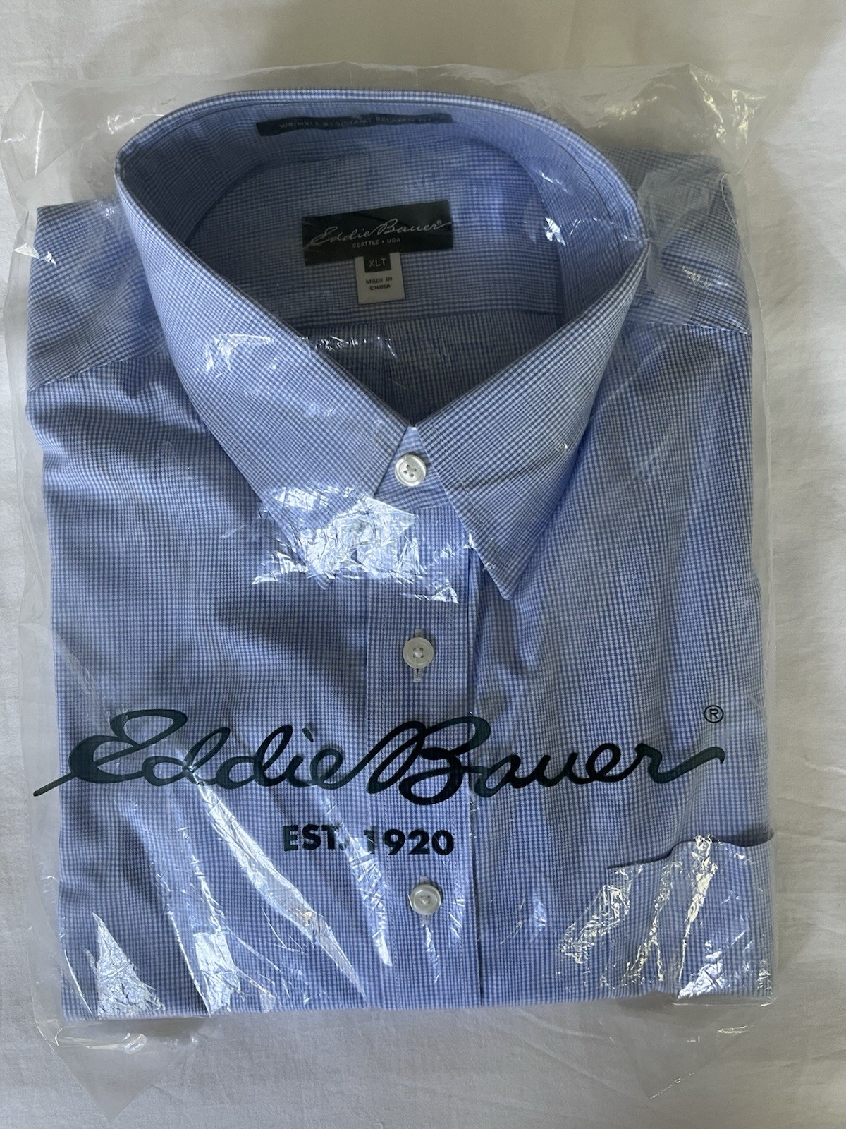 Eddie Bauer Men’s Dress Shirt XLT Light Blue Glen Plaid Long Sleeve Button NWT