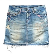 Hysteric Glamour Blue Distressed Denim Mini Skirt S Frayed Hem Embroidered
