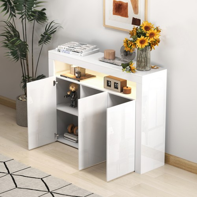 #ad Living Room Sideboard Storage Cabinet WHITE High Gloss with LED Light Modern $367.50